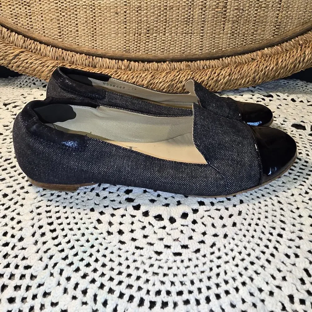 AGL Attilio Giusti Leombruni Denim Flats 37.5 Made in Italy Cap Toe Leather Sole - Picture 3 of 7